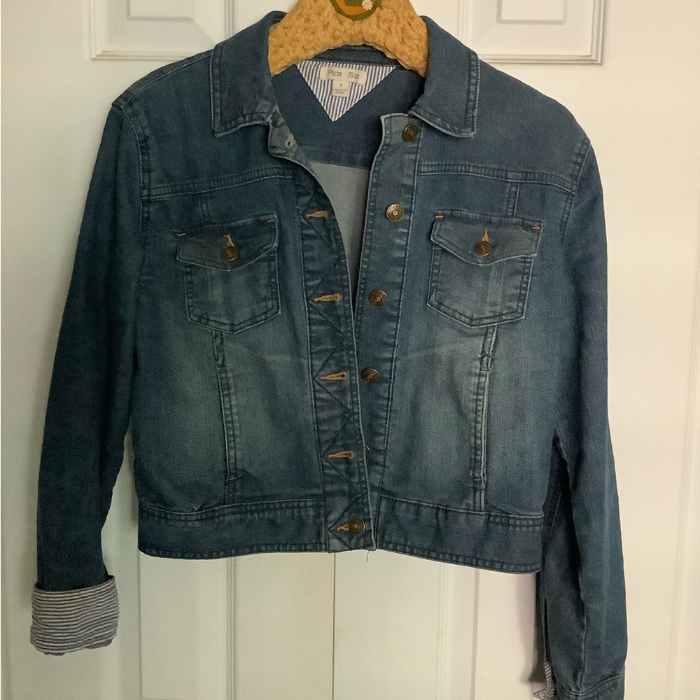 Per Se Blue Cropped Jean Jacket Classic Design
